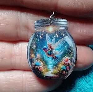 Cute colorful hummingbird fairy garden in jar wire dangle earrings blue pink
